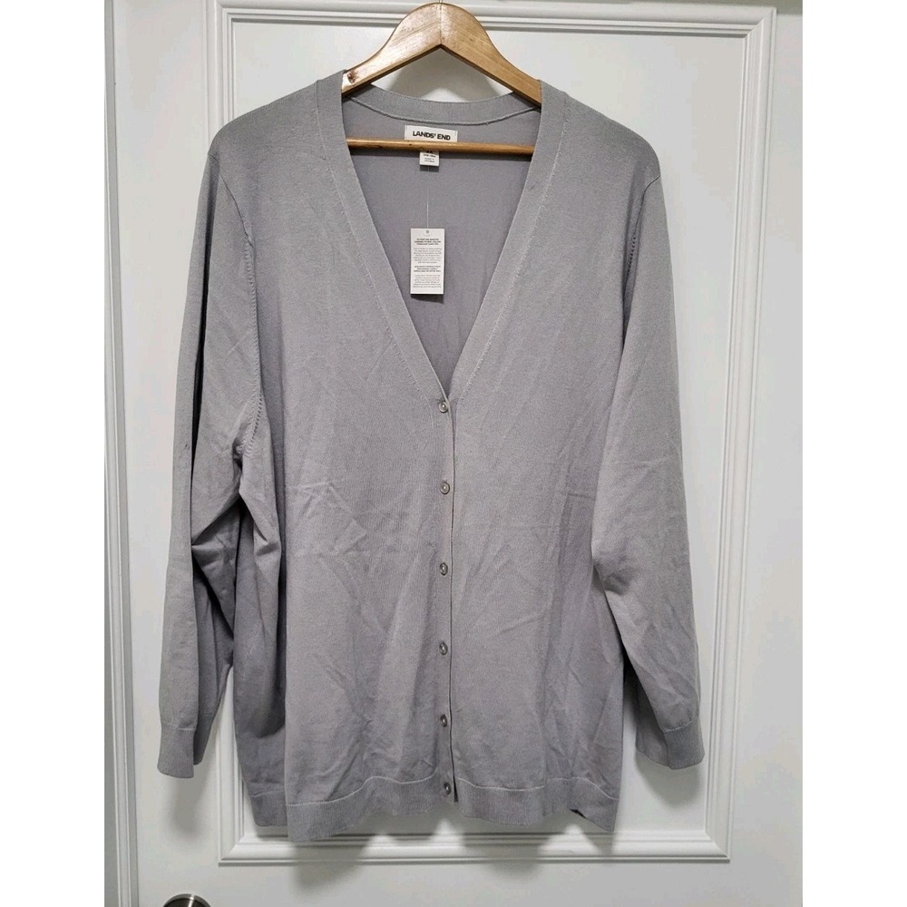 New Lands End Gray Lightweight V Neck Cardigan Sweater Sz 3X